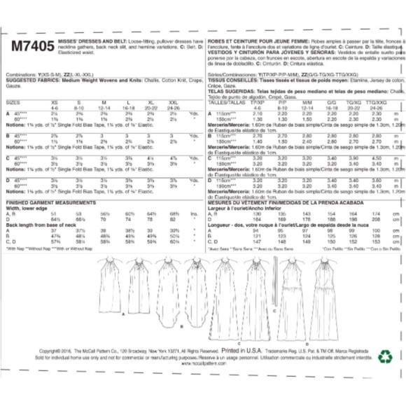 McCall's 7405 - Misses' Gathered Neckline Dresses with Ties and Belt - Picture 4 of 4